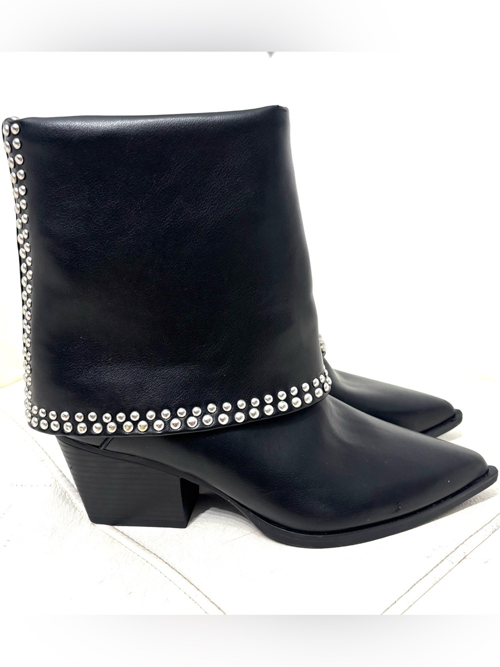 Michael Shanon Royce Fold Over Black Studded Pointed Ankle Booties